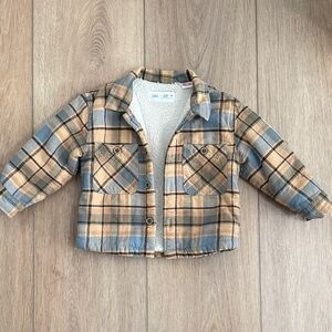 ZARA Plaid Sherpa-Lined Baby Jacket in Beige, Tan & Light Blue